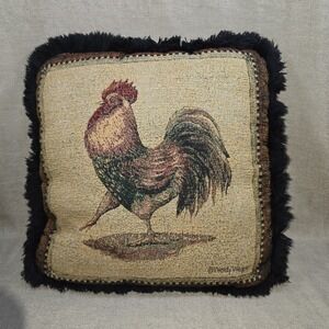 Vintage Borgata Wendy Wegner Tapestry black fringe Rooster Throw Pillow 16"